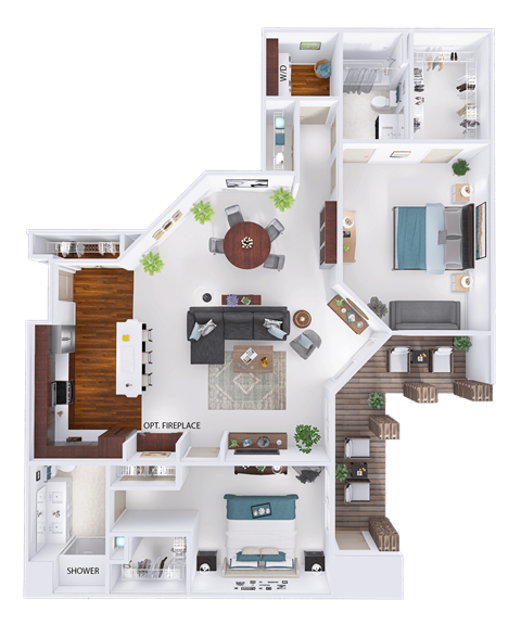Floor plan for 2 beds, 2 baths, 1621 sqft